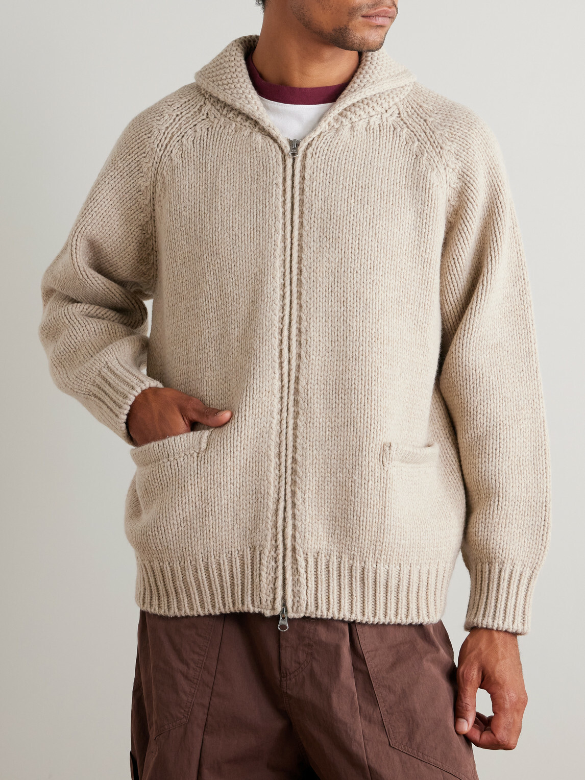 FrizmWORKS - Shawl-Collar Wool-Blend Zip-Up Cardigan - Neutrals