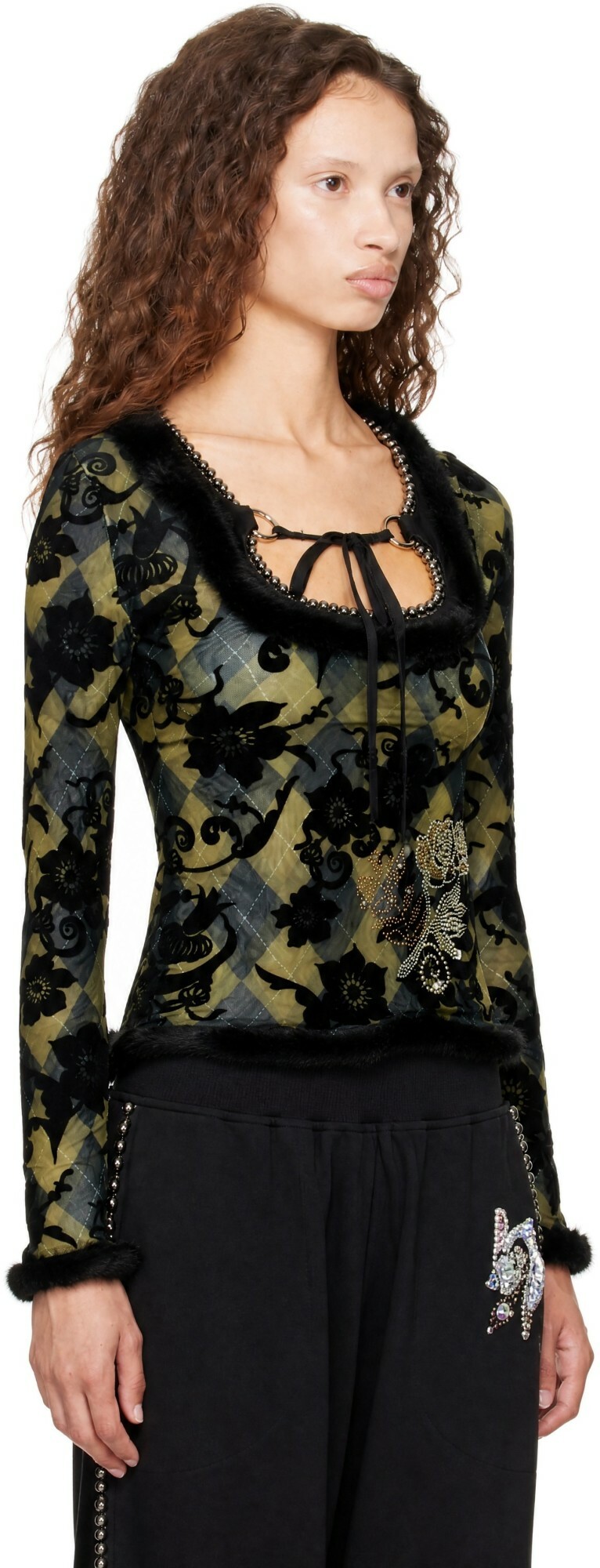 Chopova Lowena Black & Green Dew Sweeper Mesh Blouse