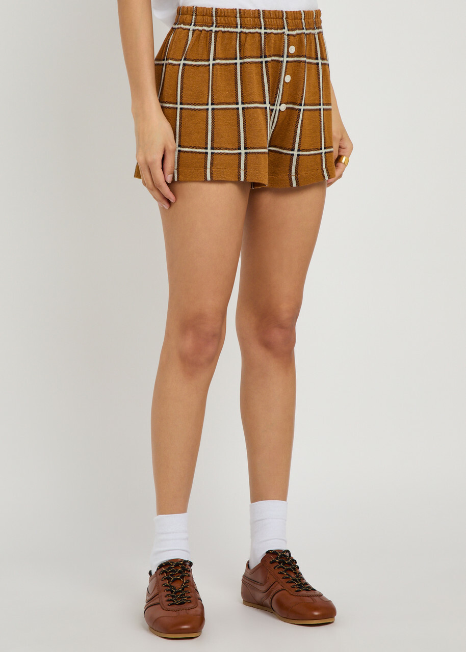 Guest In Residence Picnic Plaid Silk and Linen-blend Shorts Brown