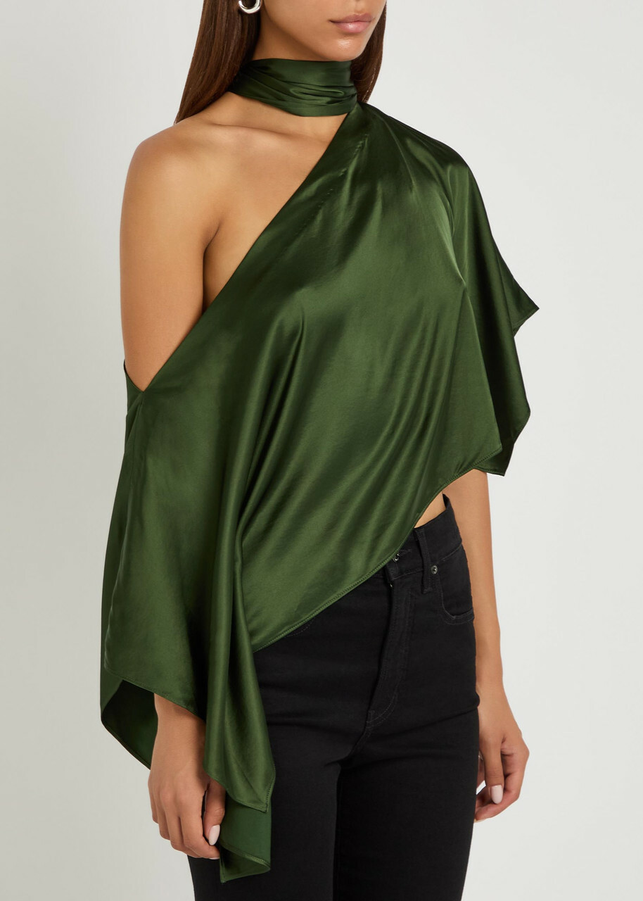 Alice + Olivia Rita Draped Asymmetric Satin top Dark Green