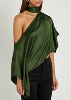 Alice + Olivia Rita Draped Asymmetric Satin top Dark Green