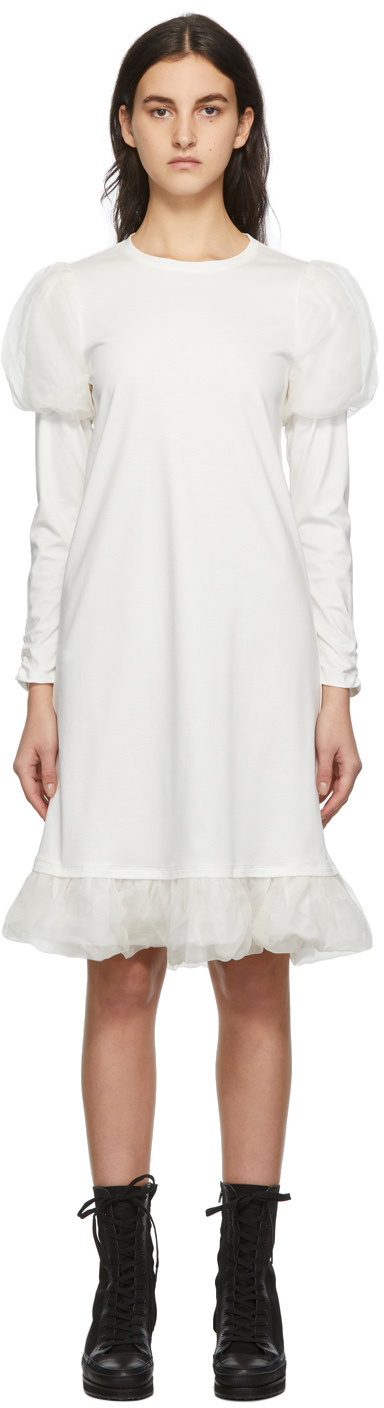Renli Su White Mulberry Silk Puff Shoulder Dress