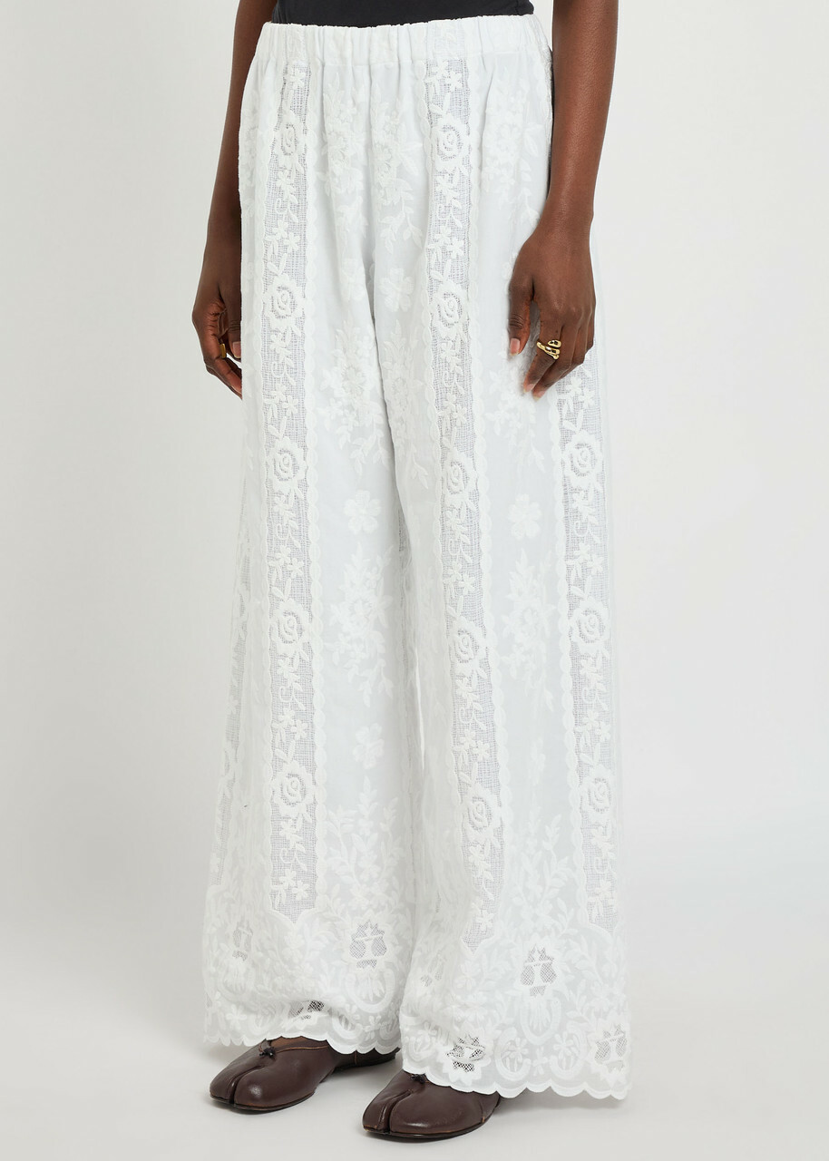 Wales Bonner Willow Floral-embroidered Cotton Trousers Ivory