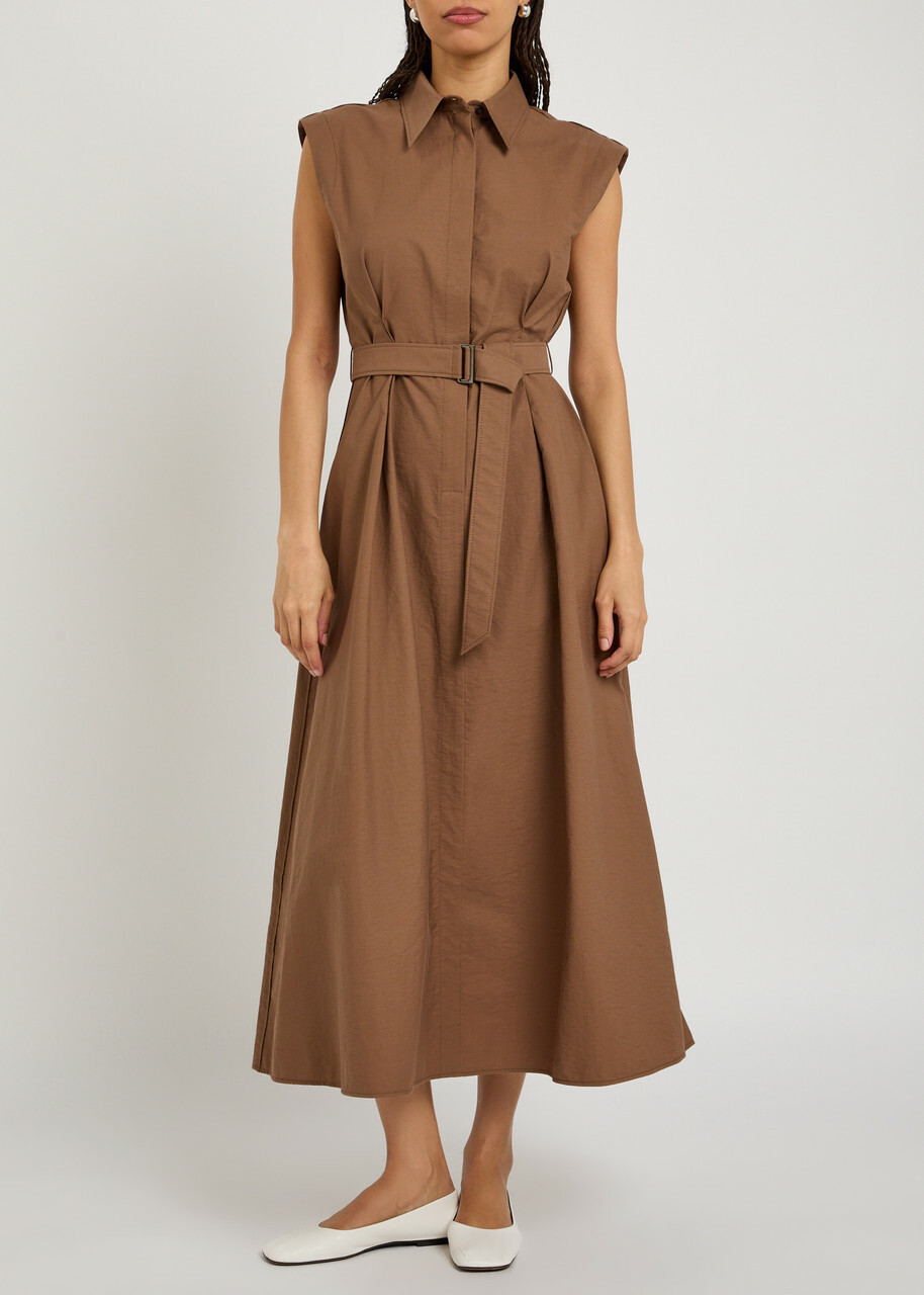 Brunello Cucinelli Belted Cotton-blend Midi Shirt Dress Brown