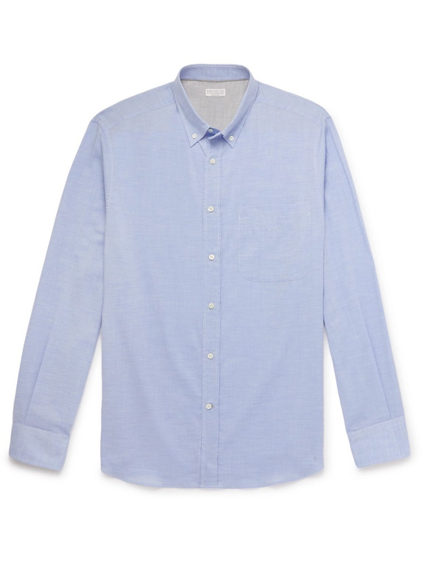 Photo: Brunello Cucinelli - Button-Down Collar Herringbone Cotton Shirt - Blue