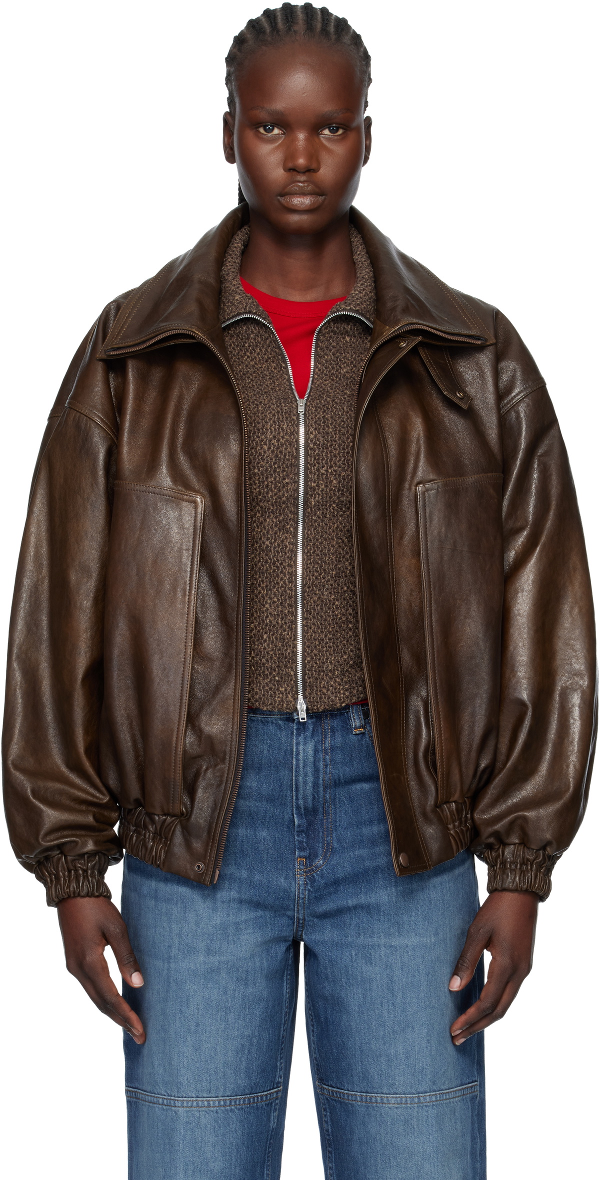 Magda Butrym Brown Snap-Collar Aviator Leather Jacket