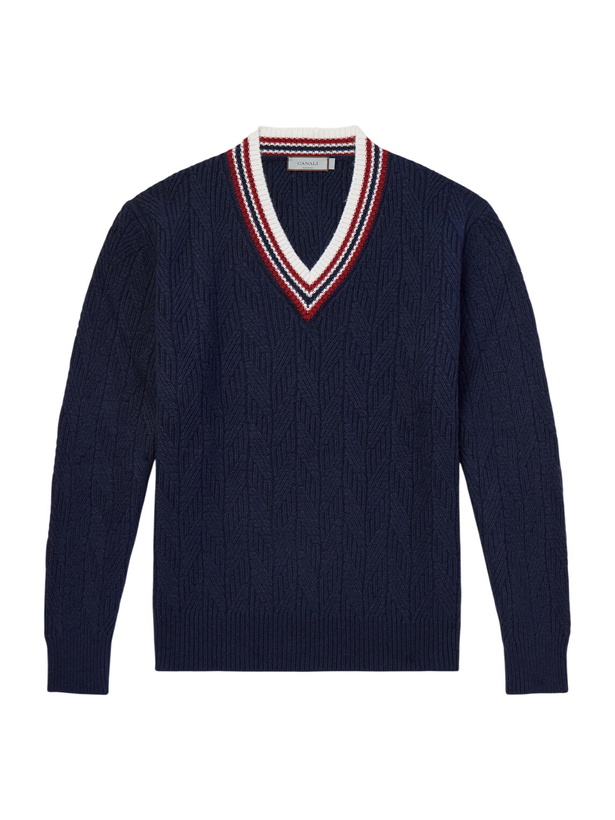 Photo: Canali - Herringbone Wool and Cashmere-Blend Sweater - Blue