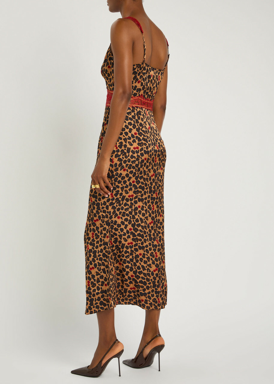 Never Fully Dressed Mimi Cherry and Leopard-print Satin Midi Dress
