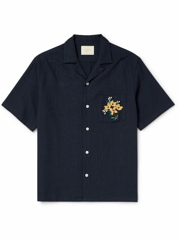 Photo: Portuguese Flannel - Convertible-Collar Embroidered Cotton-Piqué Shirt - Blue