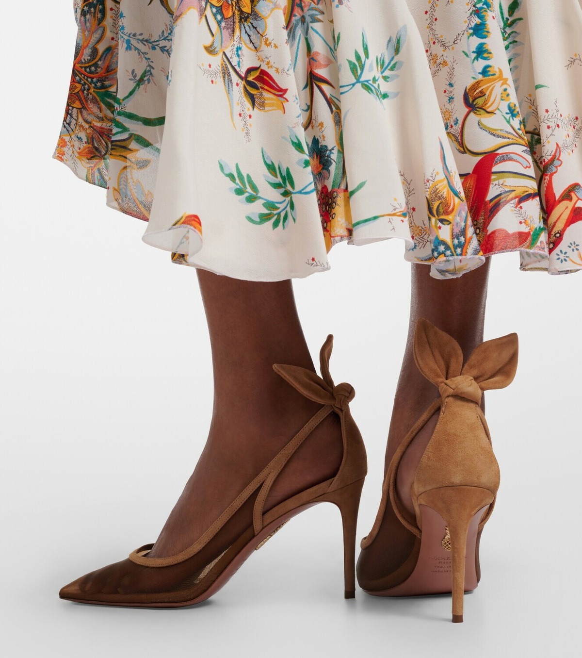Aquazzura Bow Tie suede-trimmed mesh pumps