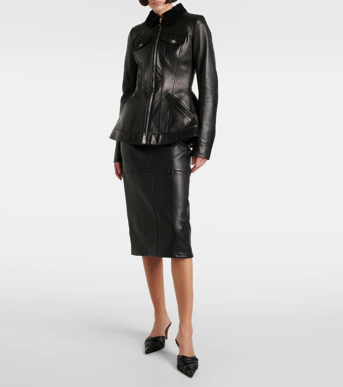 Alexander McQueen Corduroy-trimmed peplum leather jacket