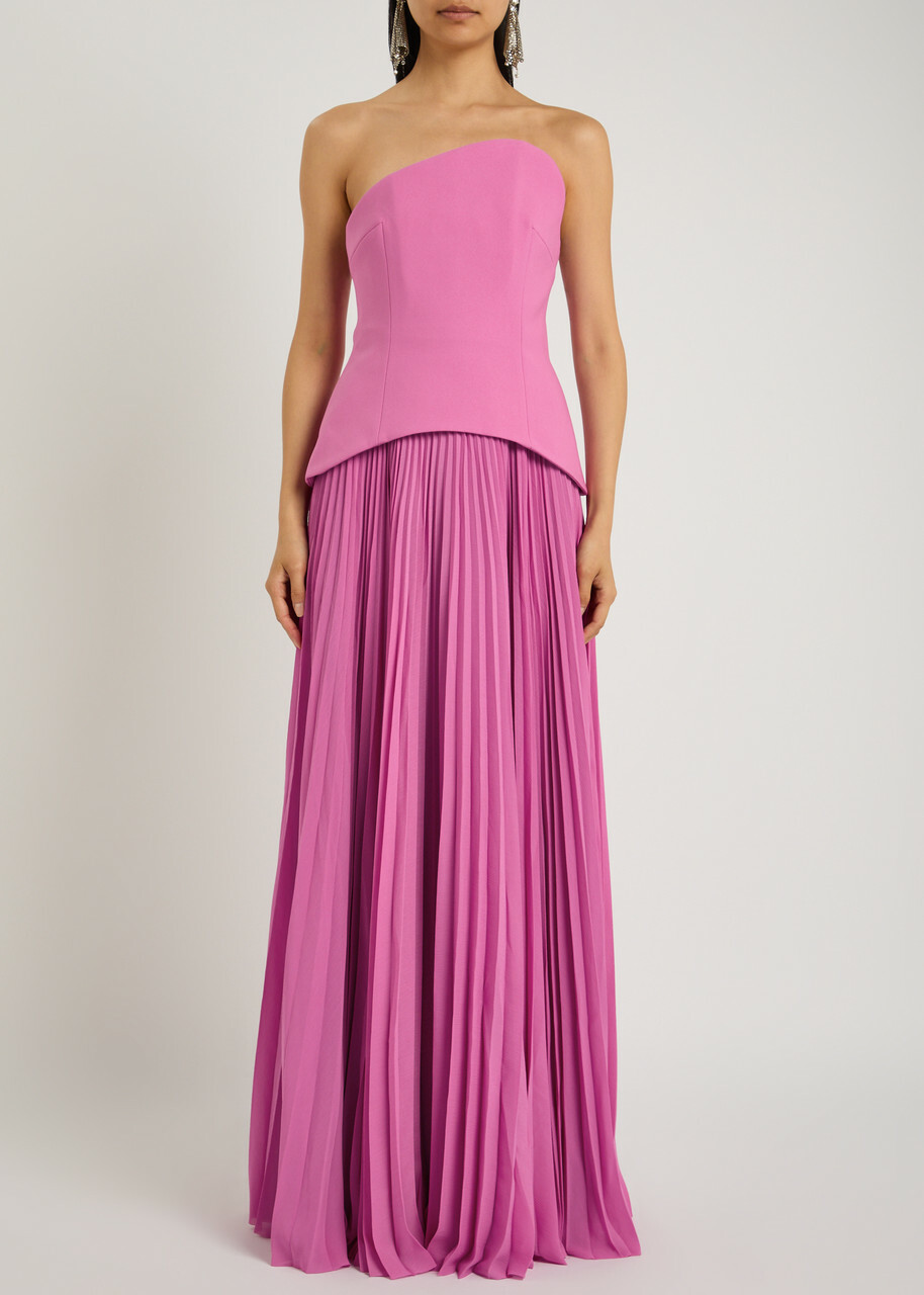 Solace London Britt Strapless Plissé and Crepe Maxi Dress Pink