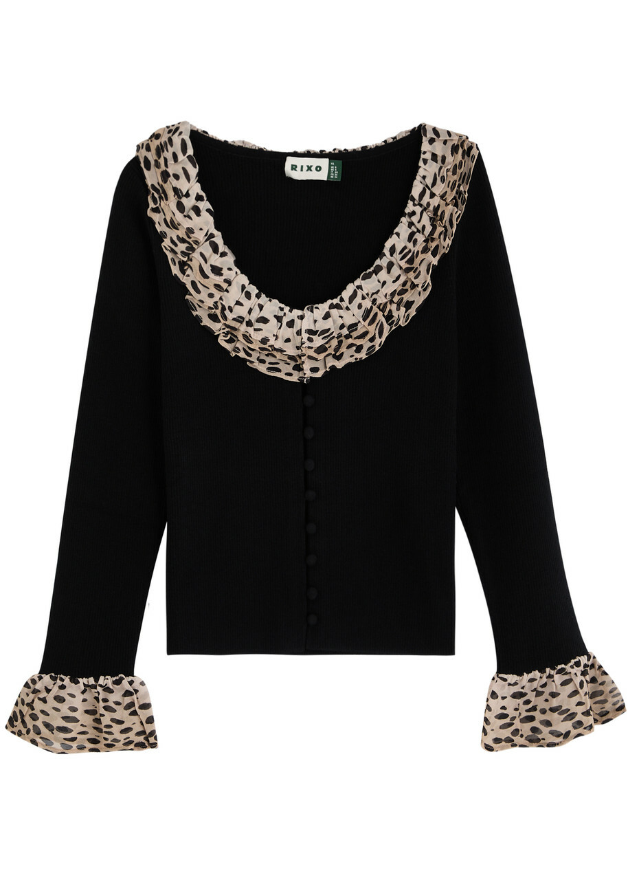 Rixo Laurel Leopard-trimmed Wool Cardigan Black