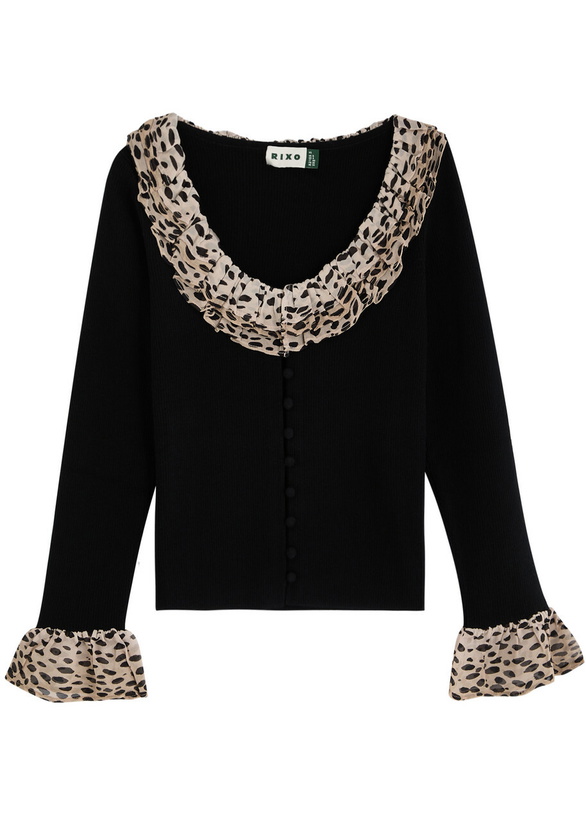 Photo: Rixo Laurel Leopard-trimmed Wool Cardigan Black