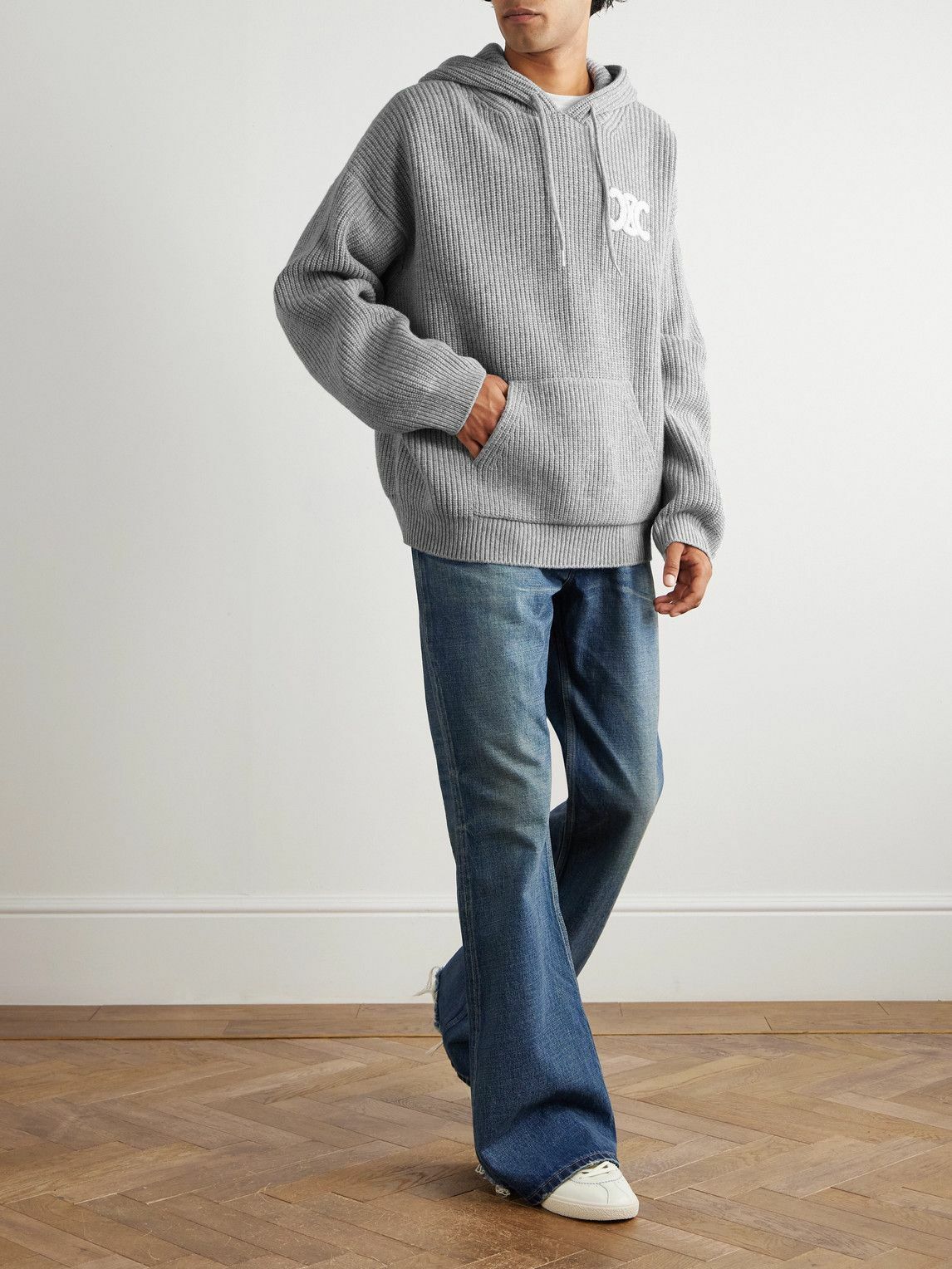 CELINE - Logo-Appliquéd Ribbed Wool Hoodie - Gray