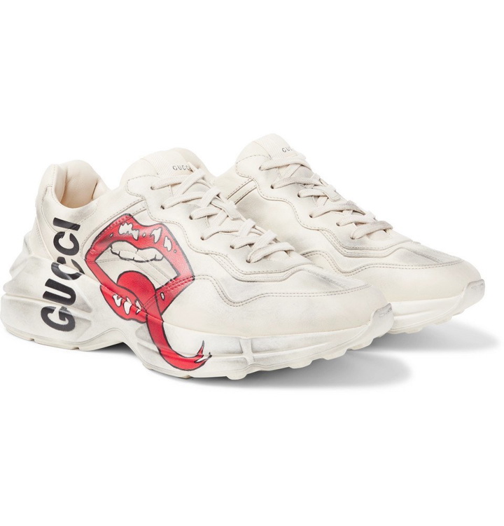 Photo: Gucci - Rhyton Printed Distressed Leather Sneakers - Men - Ivory