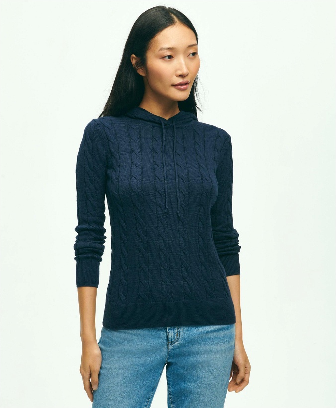 Photo: Brooks Brothers Women's Cotton Cable-Knit Hoodie | Navy