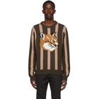 Maison Kitsune Tan and Khaki Wool Stripes Fox Head Sweater