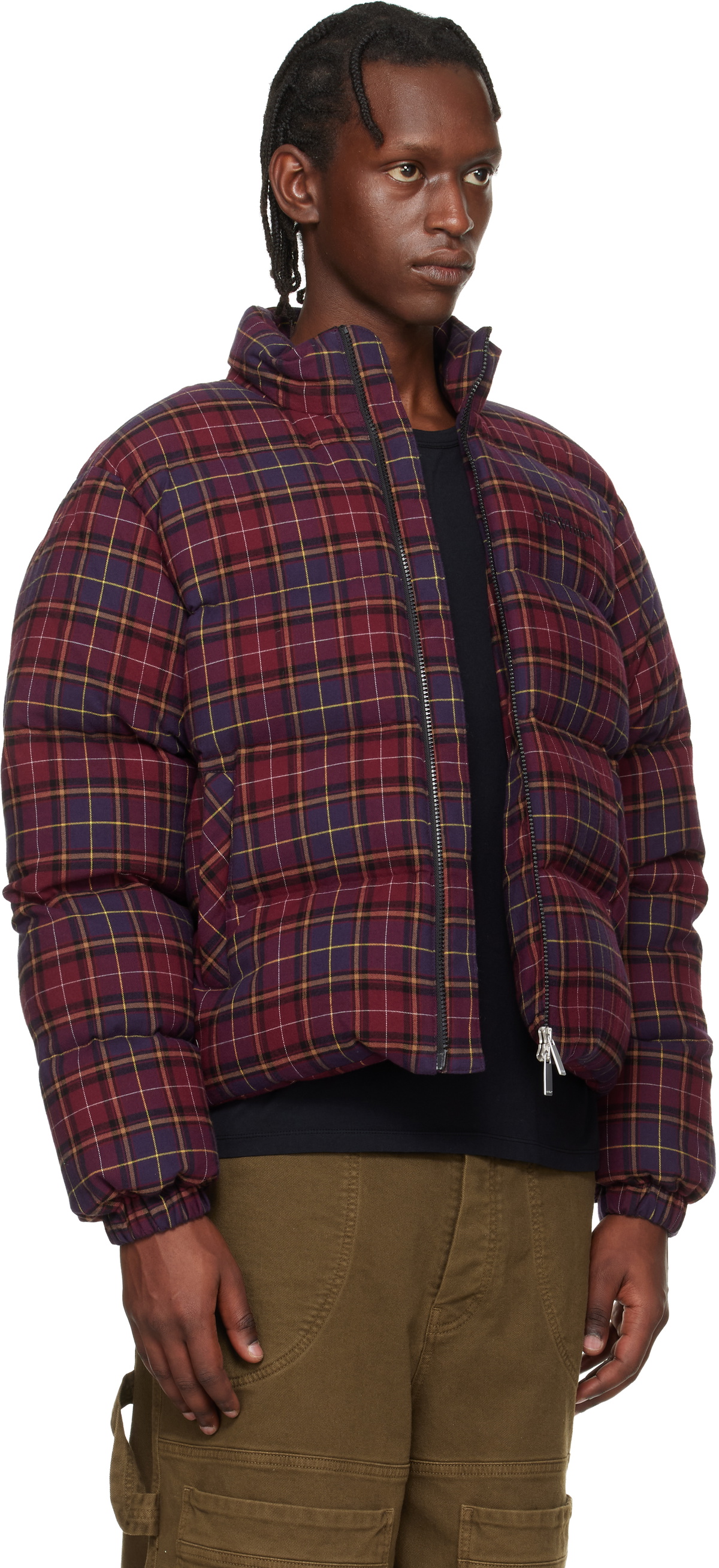 Off-White Burgundy Spray Arrow Check Flannel Down Jacket