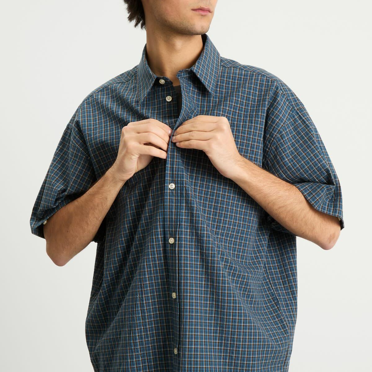 Le Père Men's Detached Sleeve Fun Shirt in Blue Check