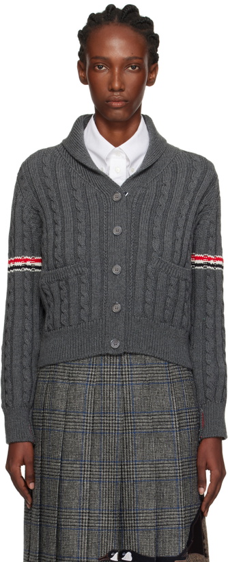 Photo: Thom Browne Gray Baby Cable Stitch Shawl Collar Cardigan