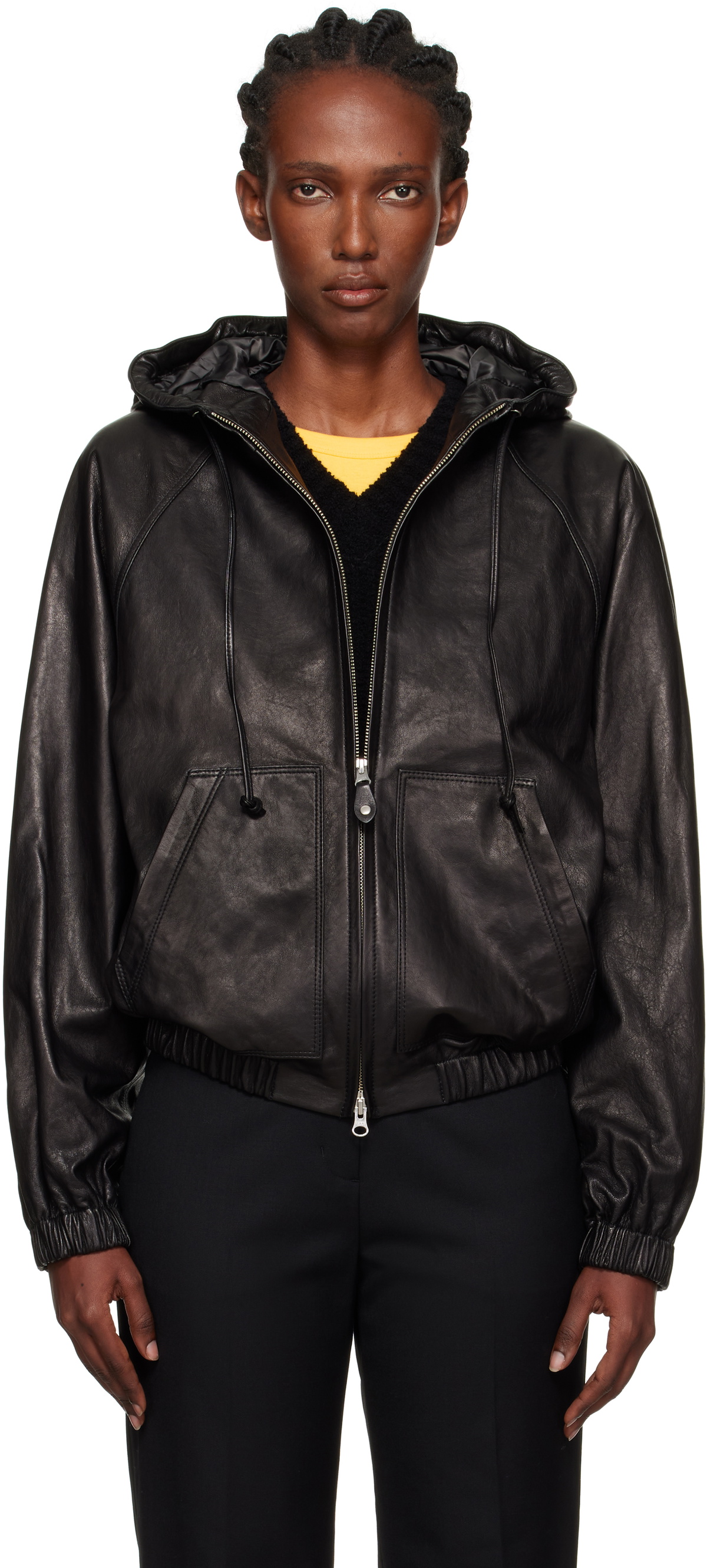 Nothing Written Black Hooded Leather Blouson Jacket