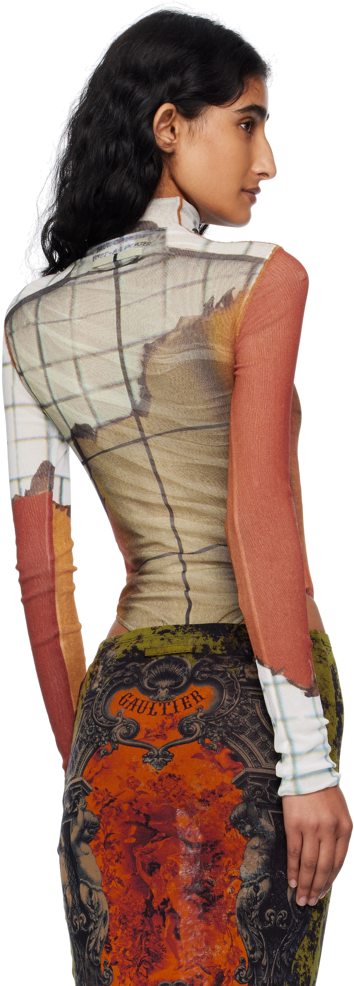 Jean Paul Gaultier Orange & White Long Sleeves Twisted Printed Fire Bodysuit