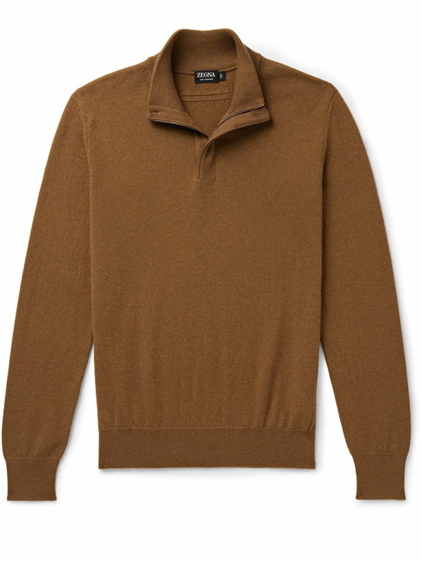 Photo: Zegna - Oasi Nubuck-Trimmed Cashmere Half-Zip Sweater - Brown