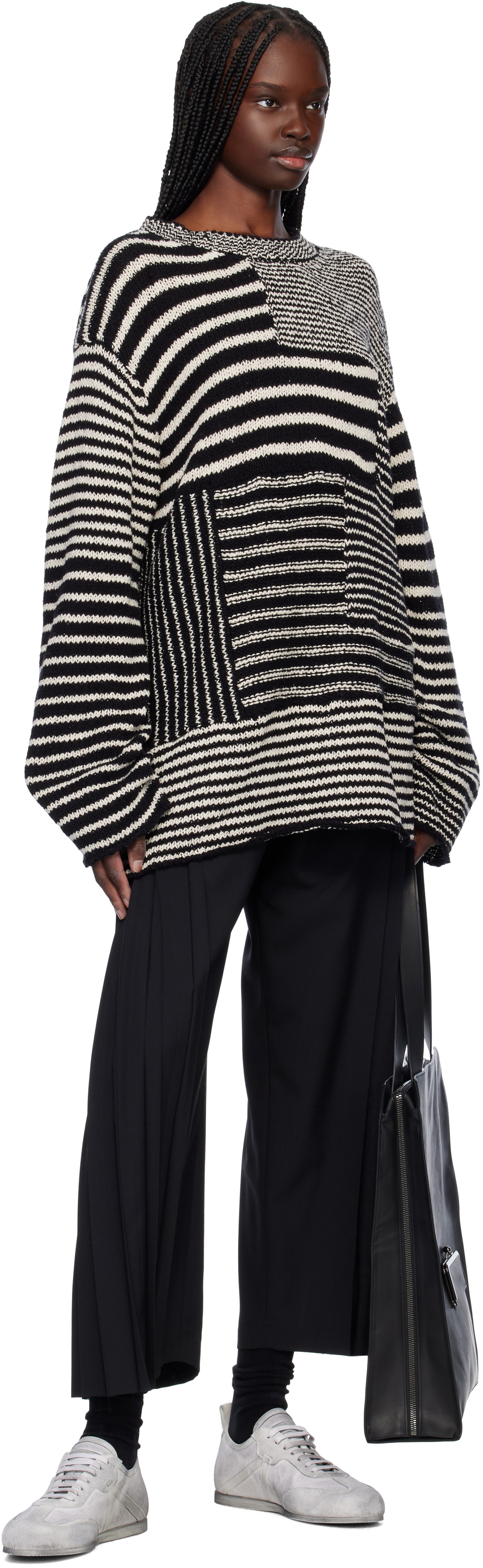 YOHJI YAMAMOTO Black & Off-White 3G1P Border Round Neck Knit Sweater