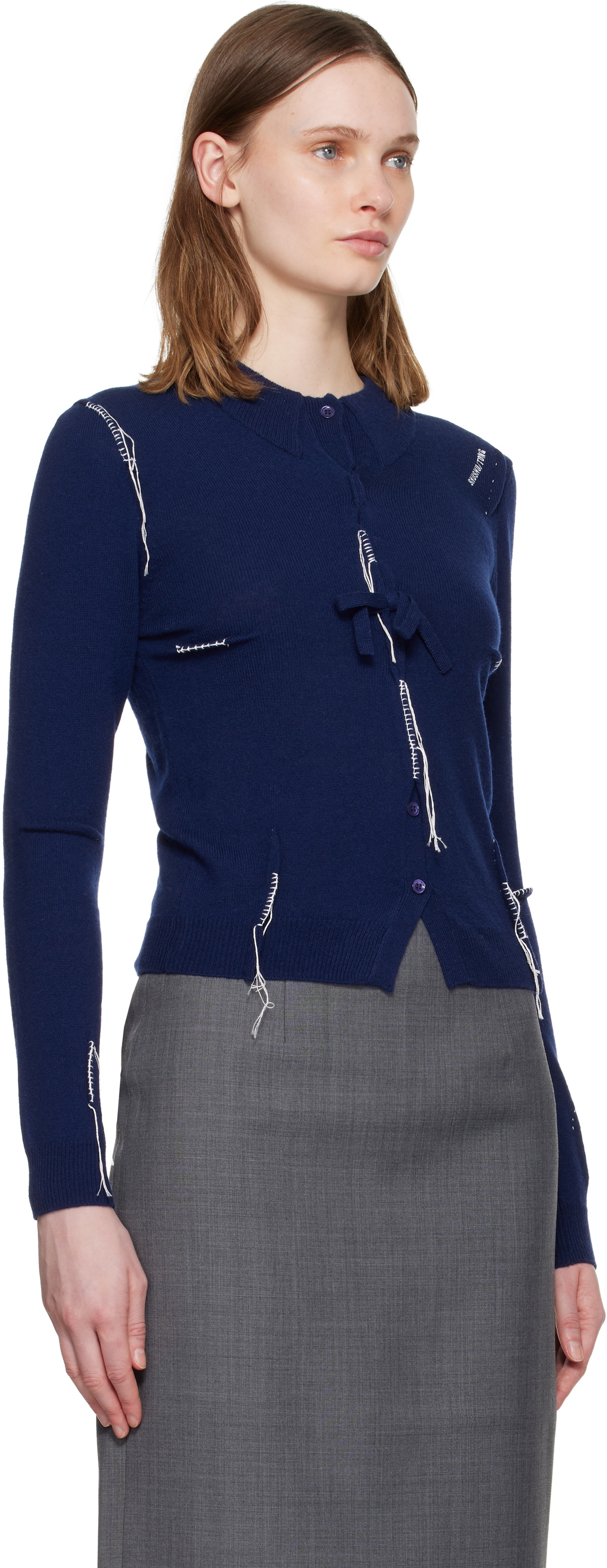 SHUSHU/TONG Navy Pin-Tuck & Threadwork Knit Sweater