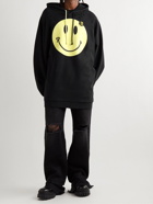 Raf Simons - Smiley Oversized Logo-Print Distressed Cotton-Jersey Hoodie - Black