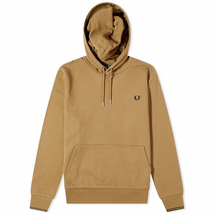 Photo: Fred Perry Men's Tipped Popover Hoodie in Shaded Stone/Burnt Tobacco