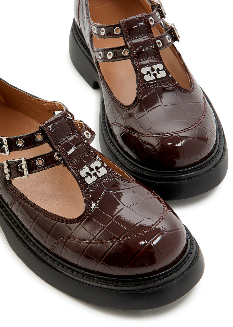 Ganni Everyday Butterfly Crocodile-effect Mary Jane Shoes Brown