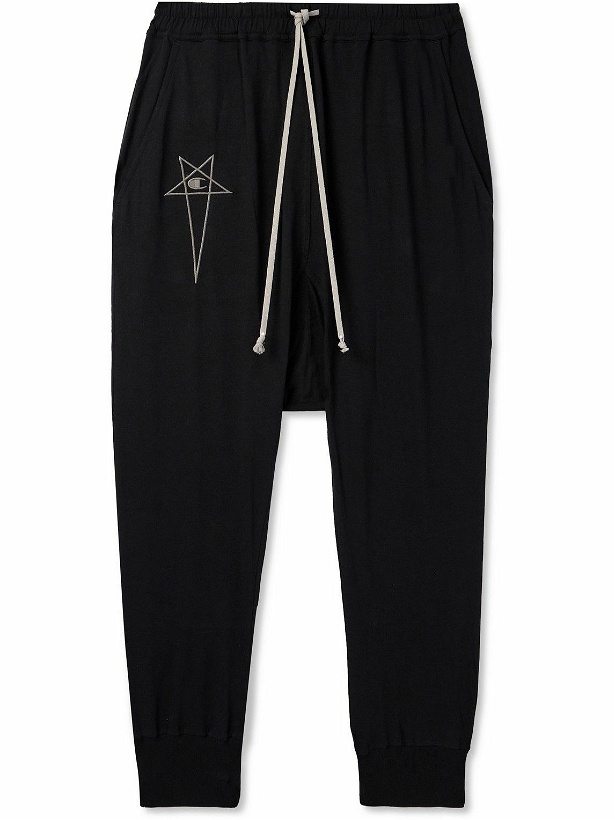 Photo: Rick Owens - Champion Prisoner Tapered Logo-Embroidered Cotton-Jersey Sweatpants - Black