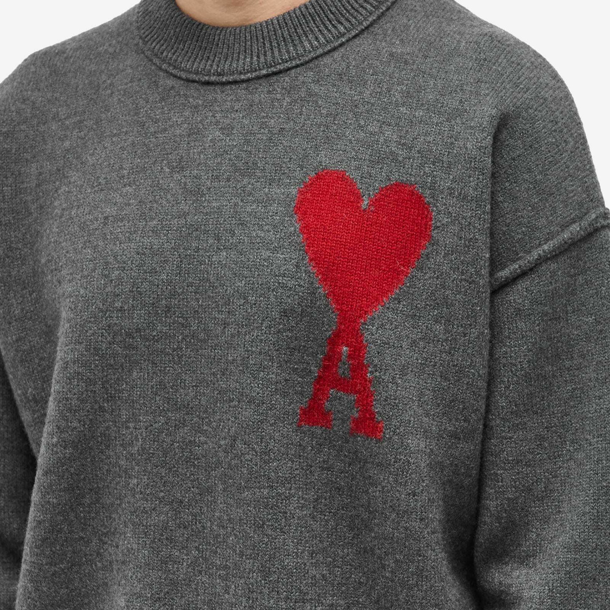 AMI Paris A Heart Crew Knit in Heather Grey/Red