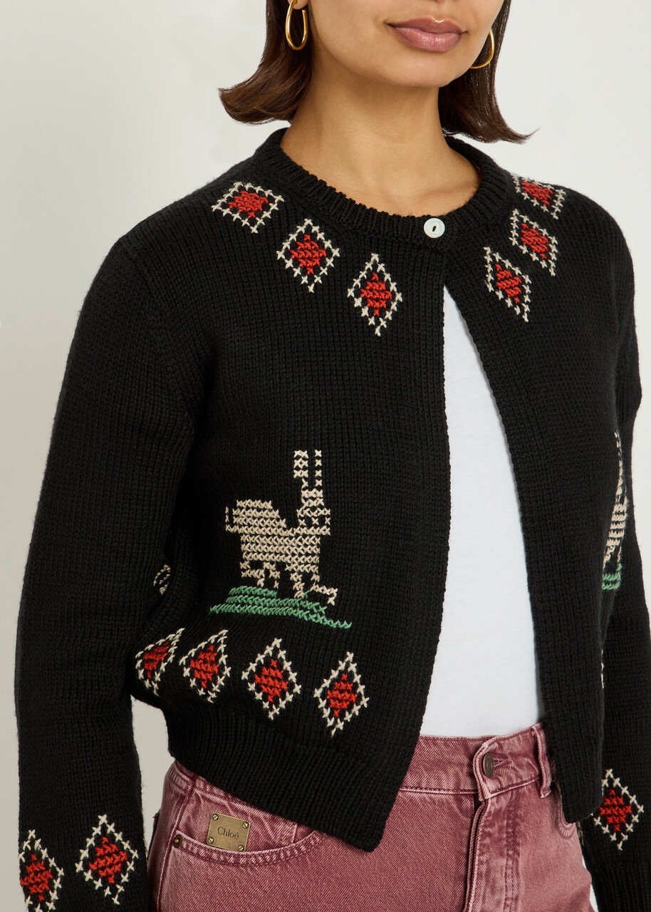 Bode Bunny Embroidered Wool Cardigan Black