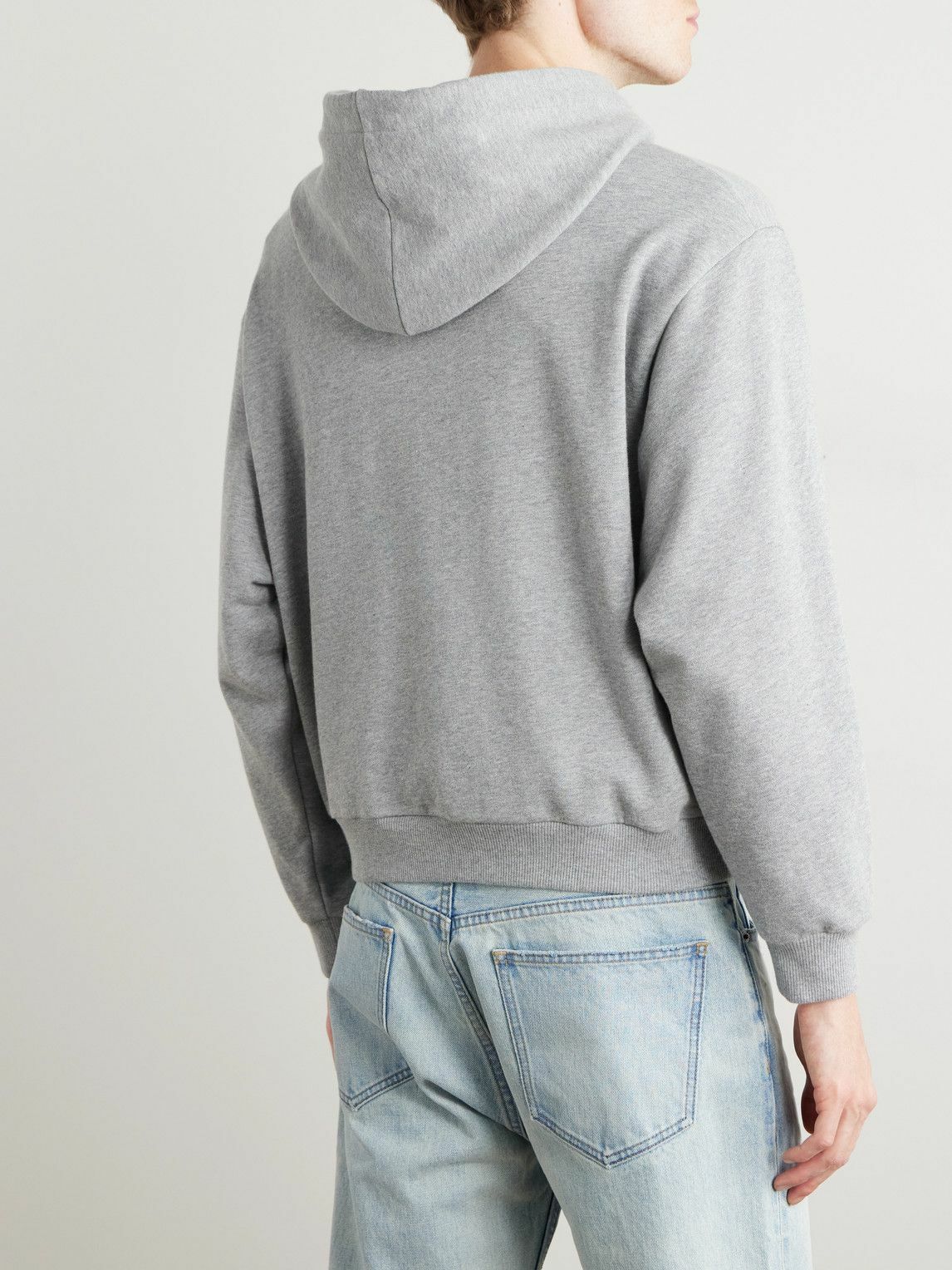 CELINE - Cropped Logo-Embroidered Cotton-Jersey Hoodie - Gray