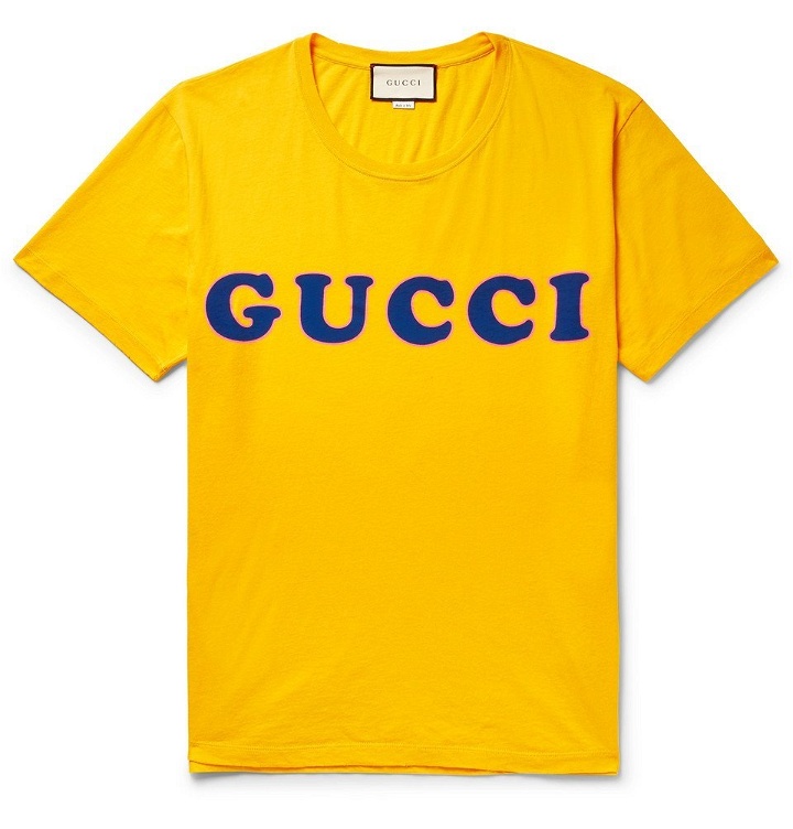 Photo: Gucci - Distressed Logo-Print Cotton-Jersey T-Shirt - Men - Marigold