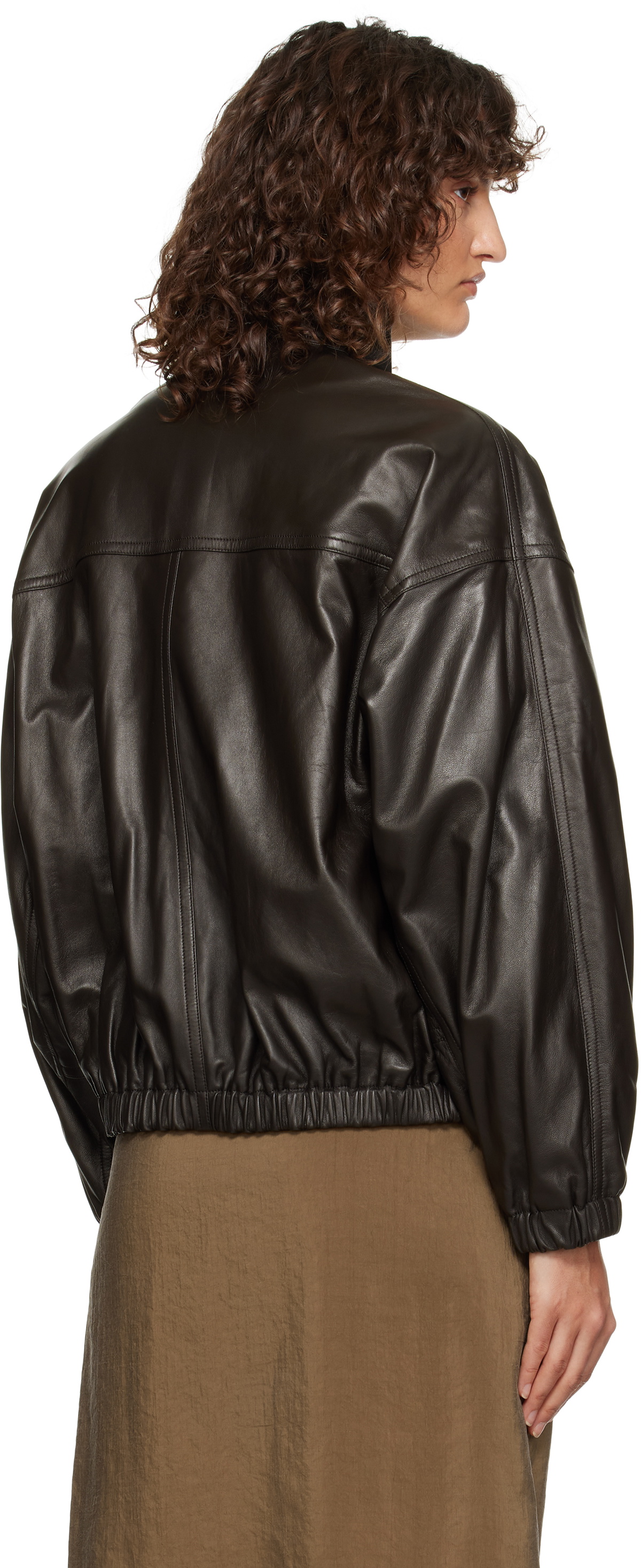 LEMAIRE Brown Stand Collar Leather Jacket Lemaire