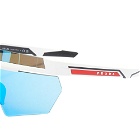 Prada Eyewear Men's Linea Rossa PS 01YS Sunglasses in Matte White/Light Green Mirror Blue