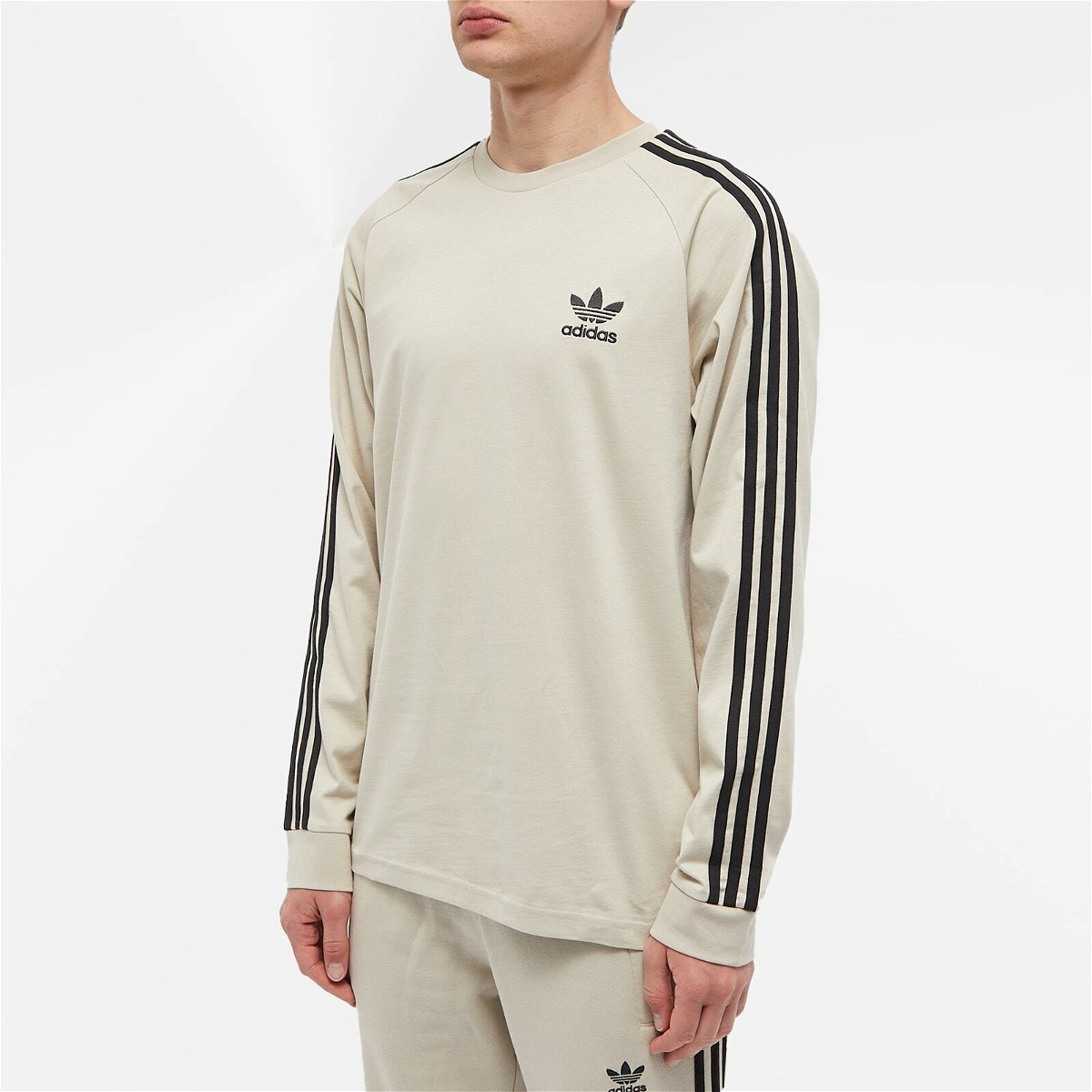 Adidas Men\'s 3 Stripe Long Sleeve T-Shirt in Wonder Beige adidas