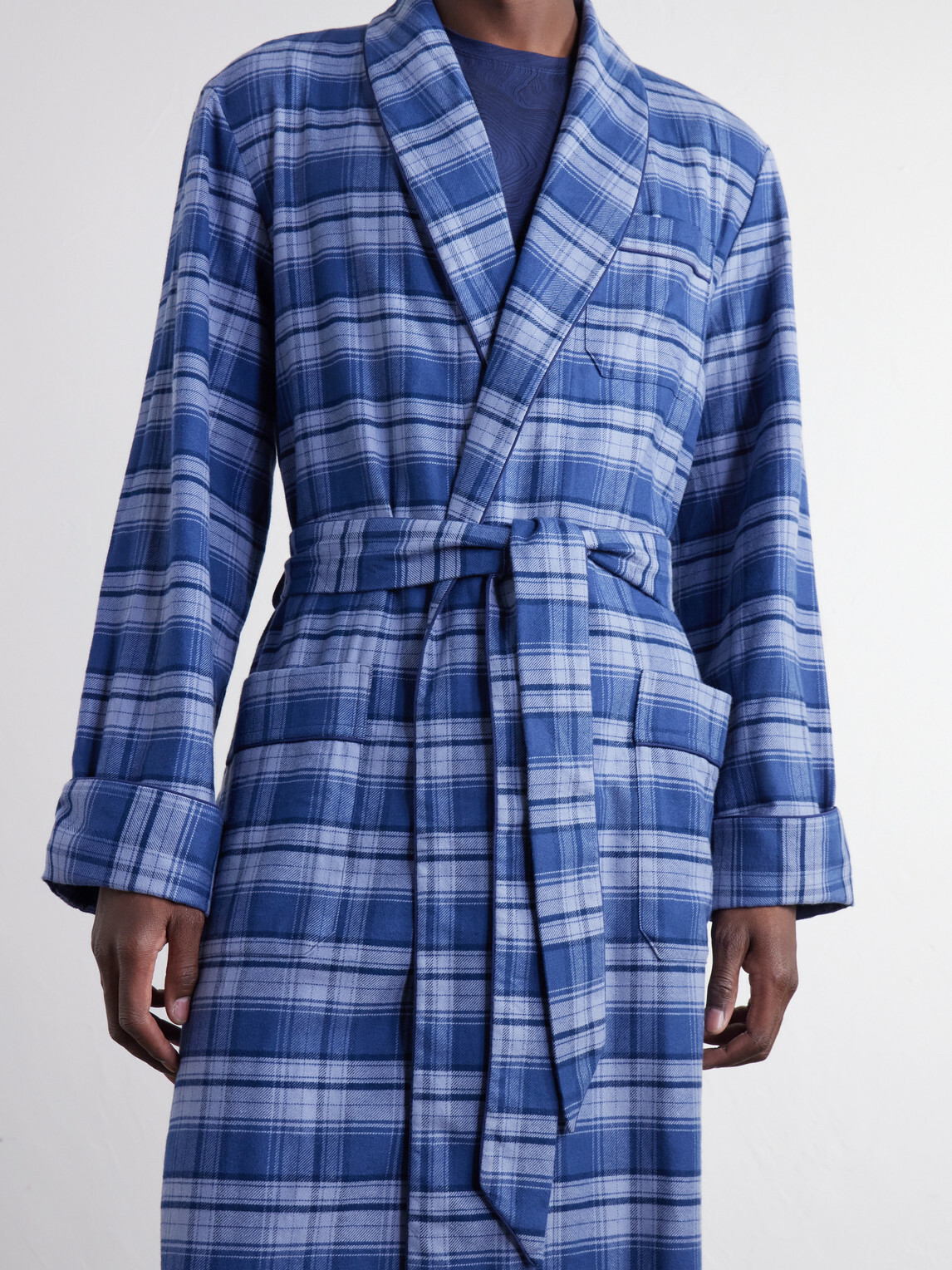 Derek Rose - Kelburn Belted Checked Brushed Cotton-Flannel Robe - Blue