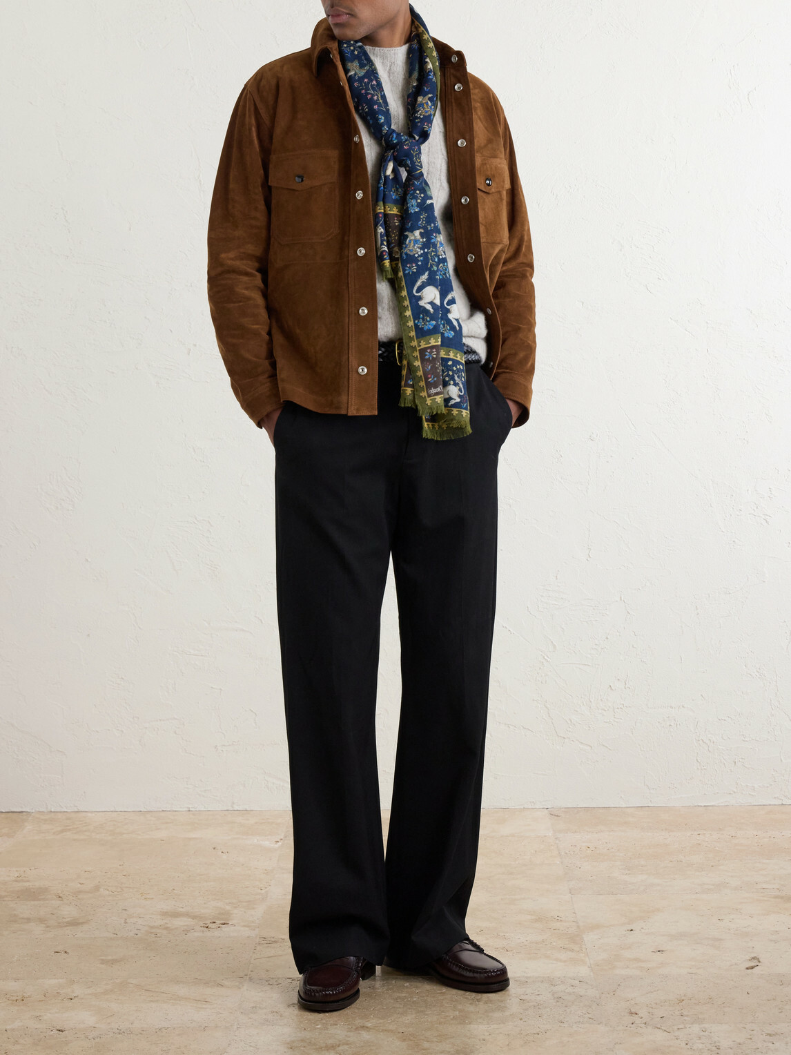 Drake's - Fringed Printed Wool and Silk-Blend Scarf