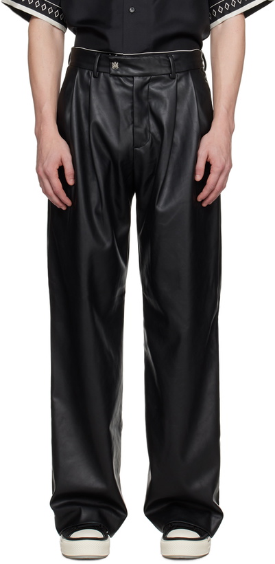 Photo: AMIRI Black Double Pleat Faux-Leather Trousers