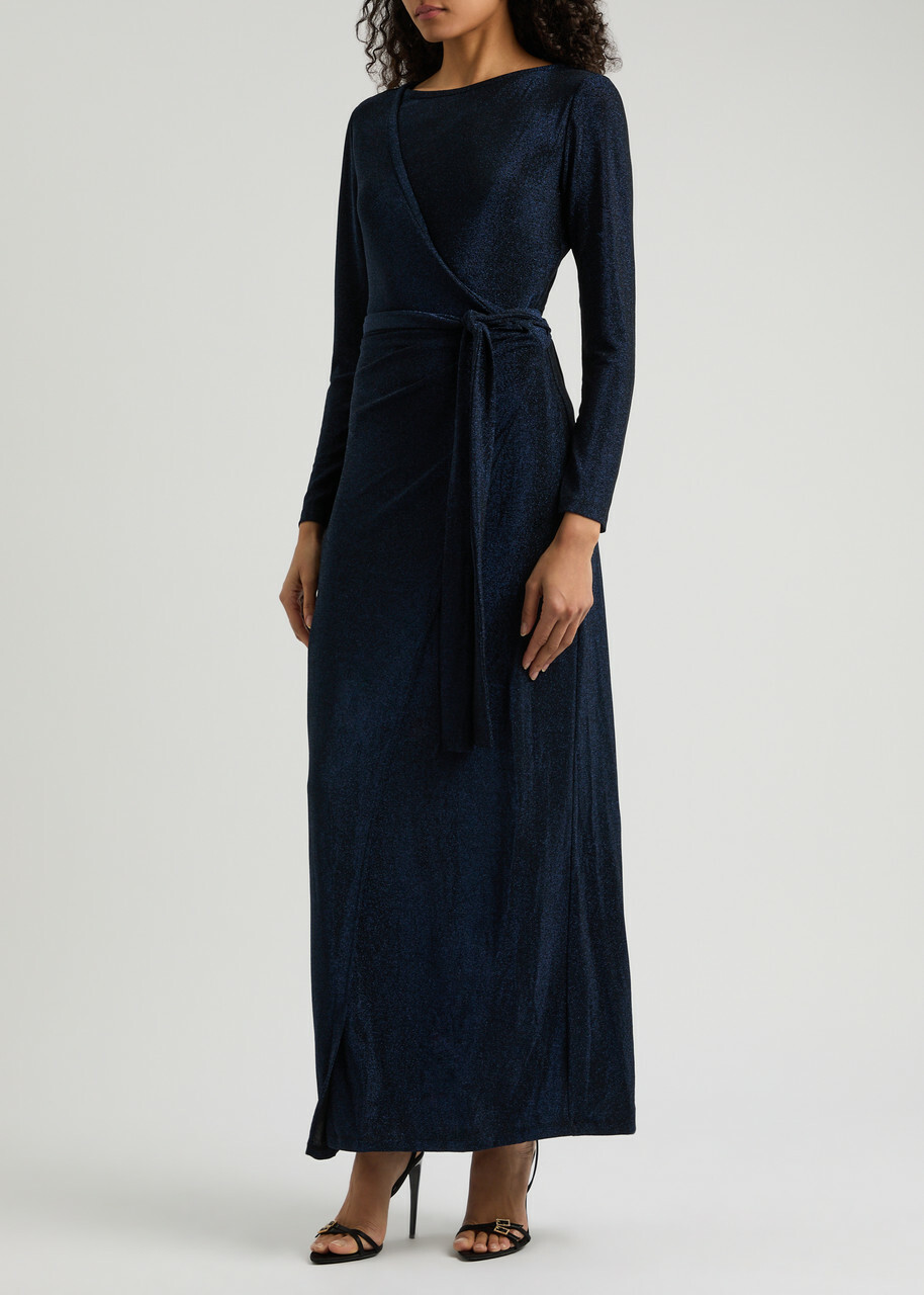 Diane Von Furstenberg Simona Wrap-effect Lamé Maxi Dress Dark Navy