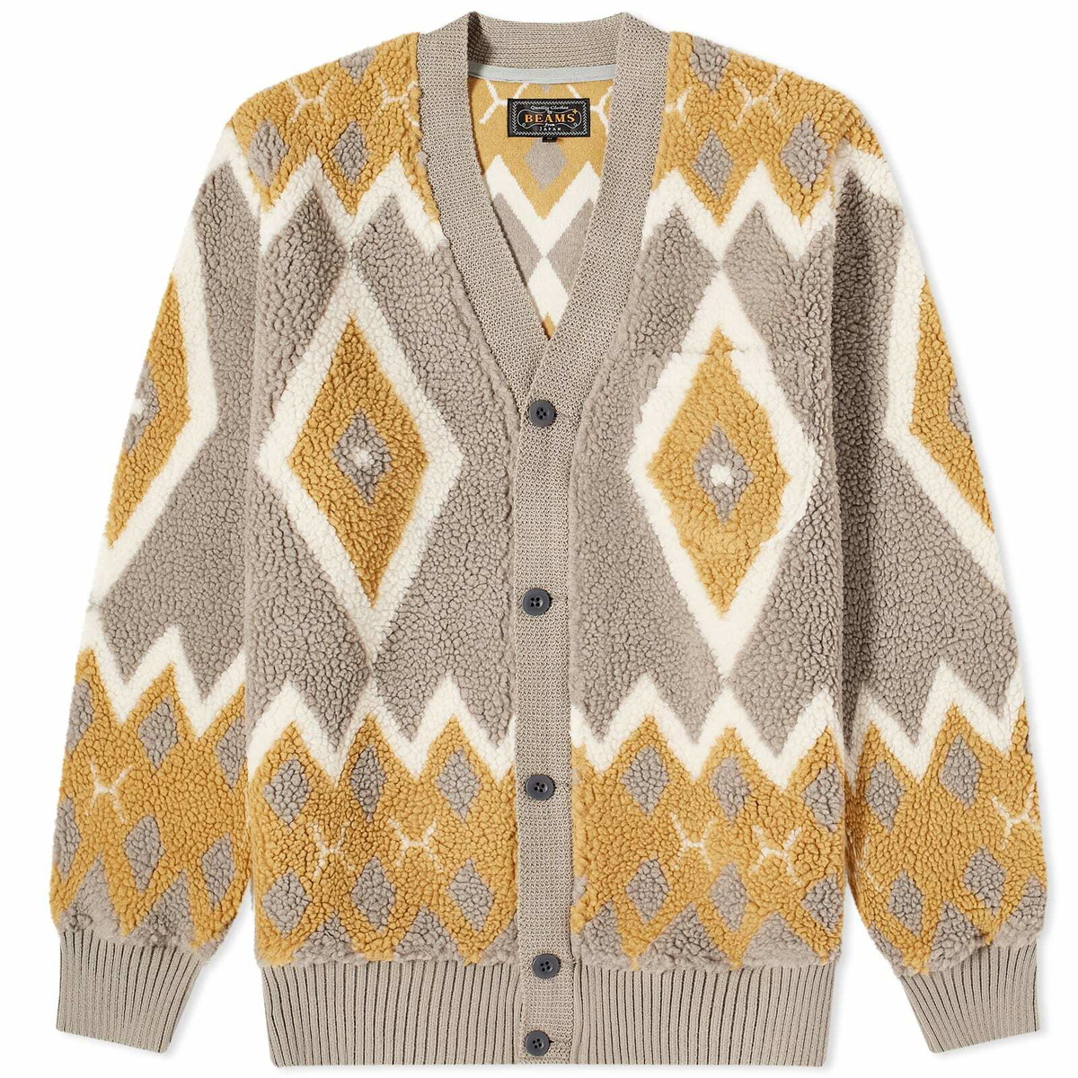 Beams Plus Men's Boa Jacquard Cardigan in Light Grey/Mustard Beams Plus