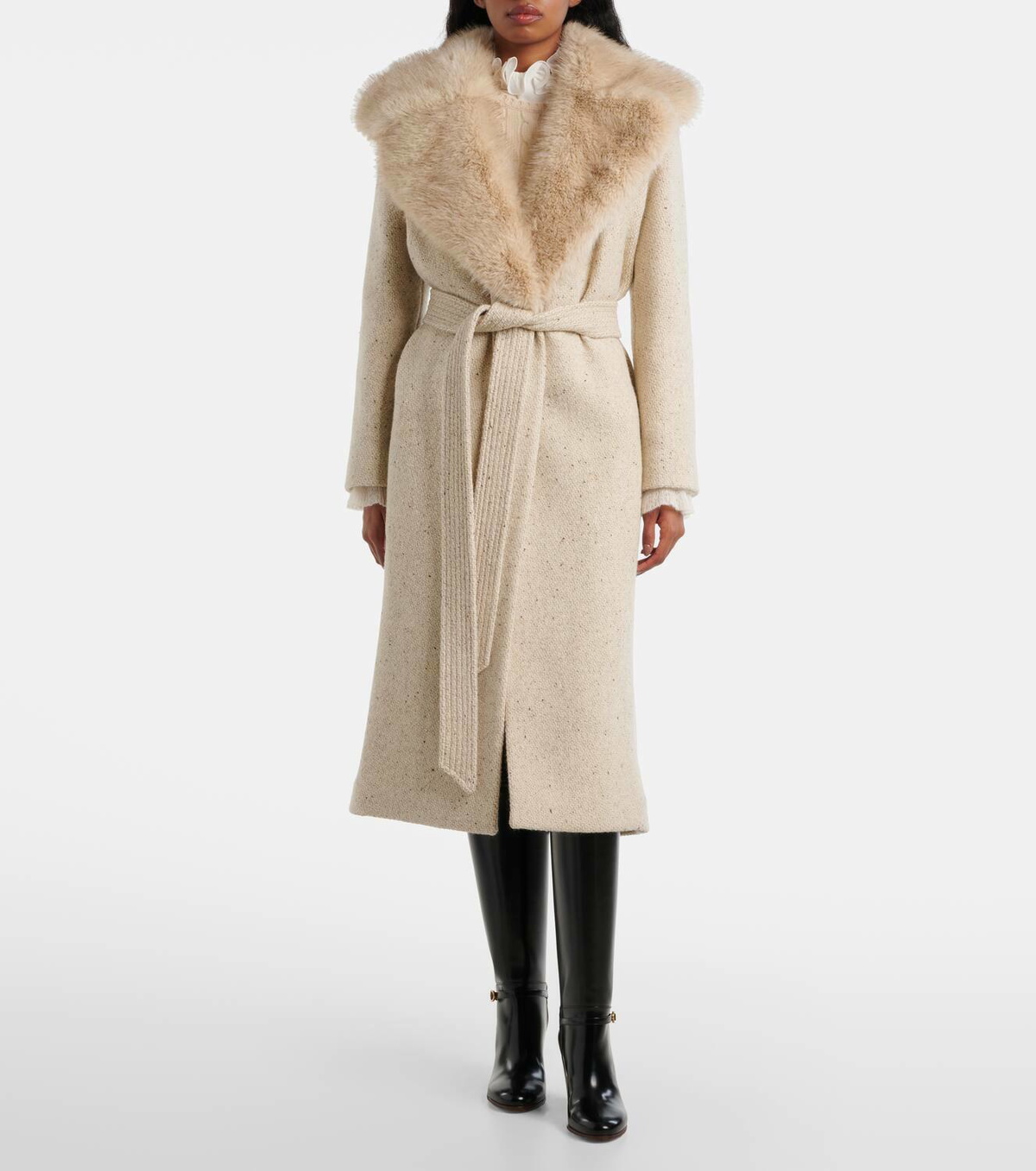 Valentino Faux fur-trimmed virgin wool wrap coat Valentino