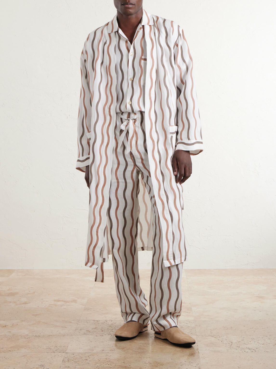 Frescobol Carioca - La Marzocco Striped Belted Tencel® and Linen-Blend Pyjamas - Neutrals