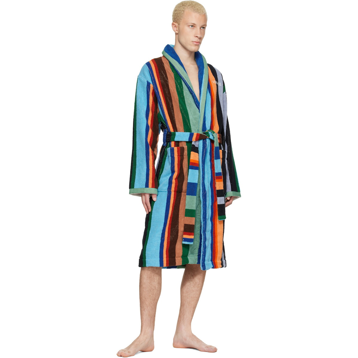 Versace Multicolor Striped Cotton-Terry Jacquard Bathrobe