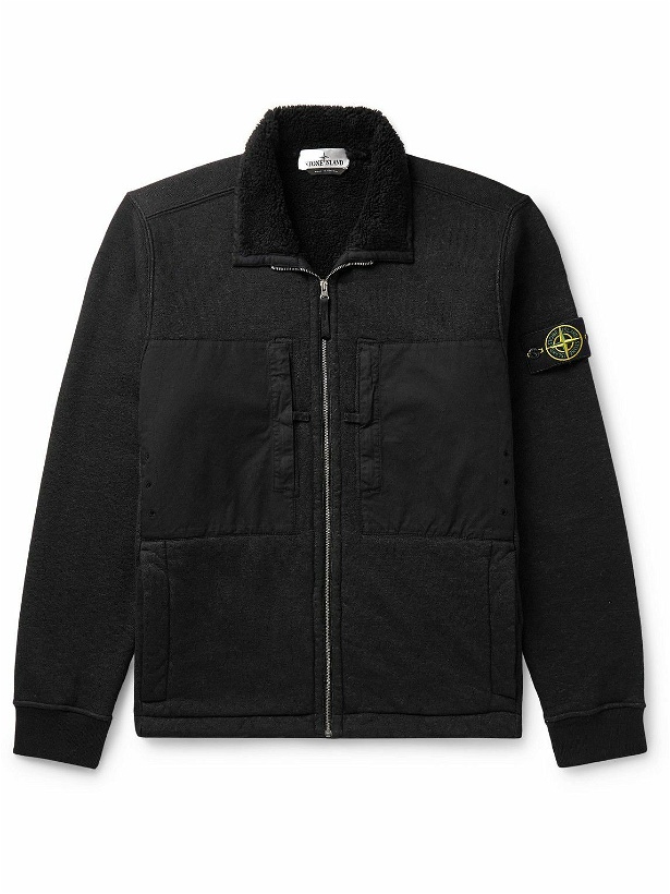 Photo: Stone Island - Logo-Appliquéd Twill-Panelled Cotton-Blend Jersey Zip-Up Sweatshirt - Black